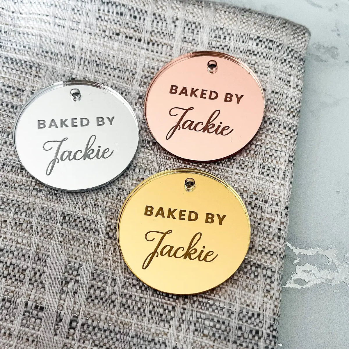 Personalised baking tags – custom labels | mirror acrylic & button