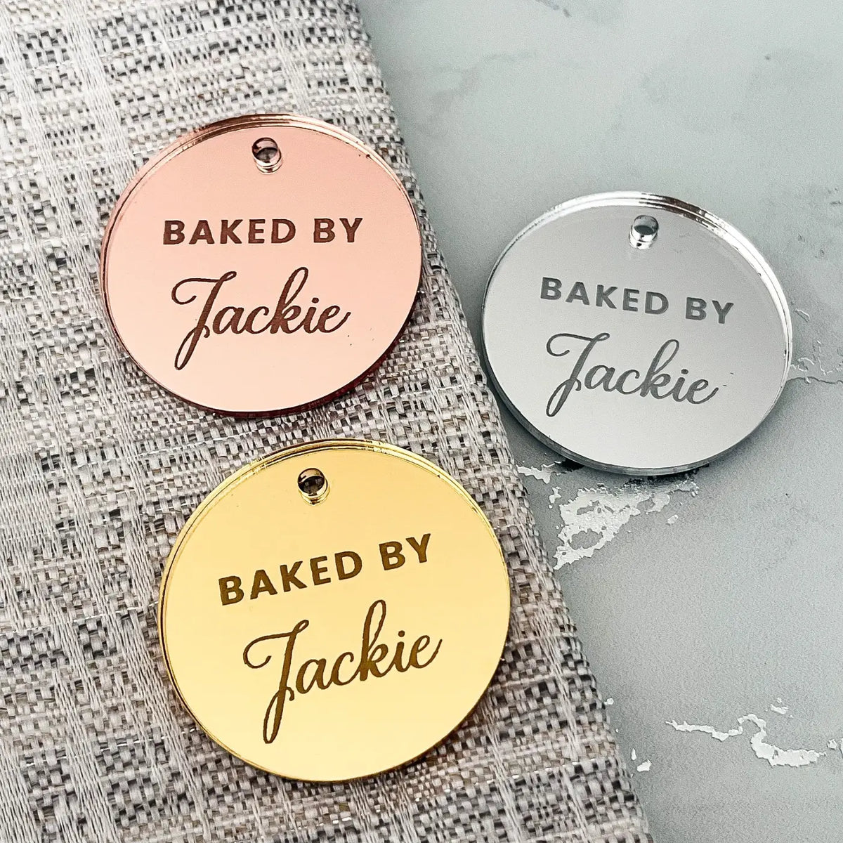 Personalised baking tags – custom labels | mirror acrylic & button
