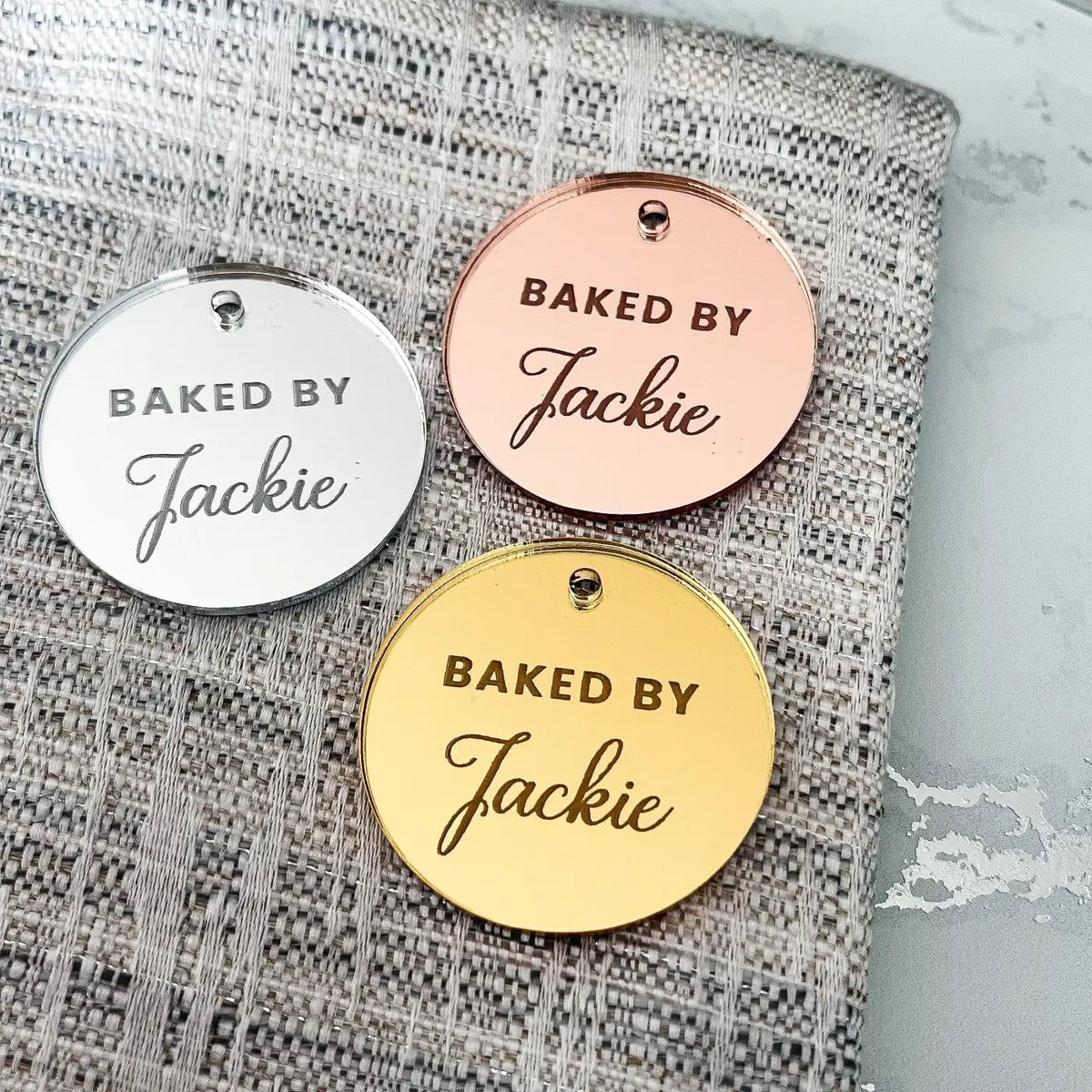 Personalised baking tags – custom labels | mirror acrylic & button