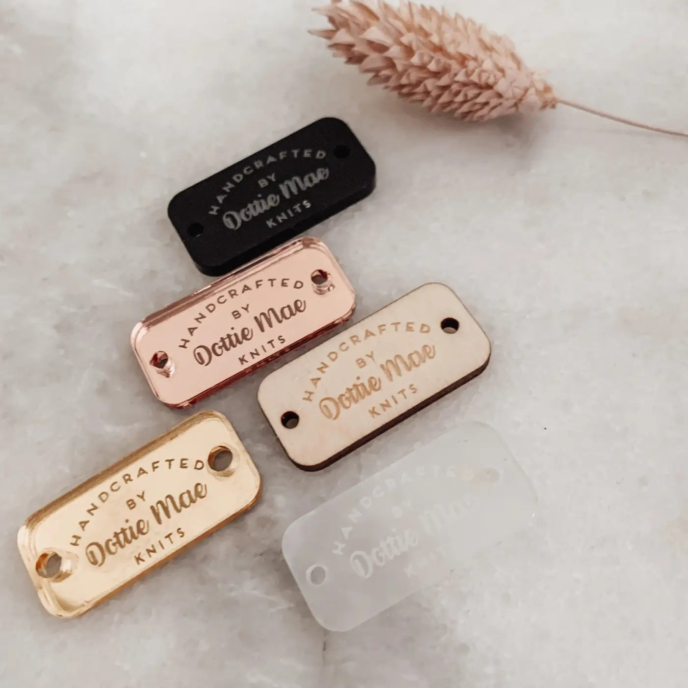 Personalised button tag – custom product labels with engraved wood buttons & acrylic gift tags