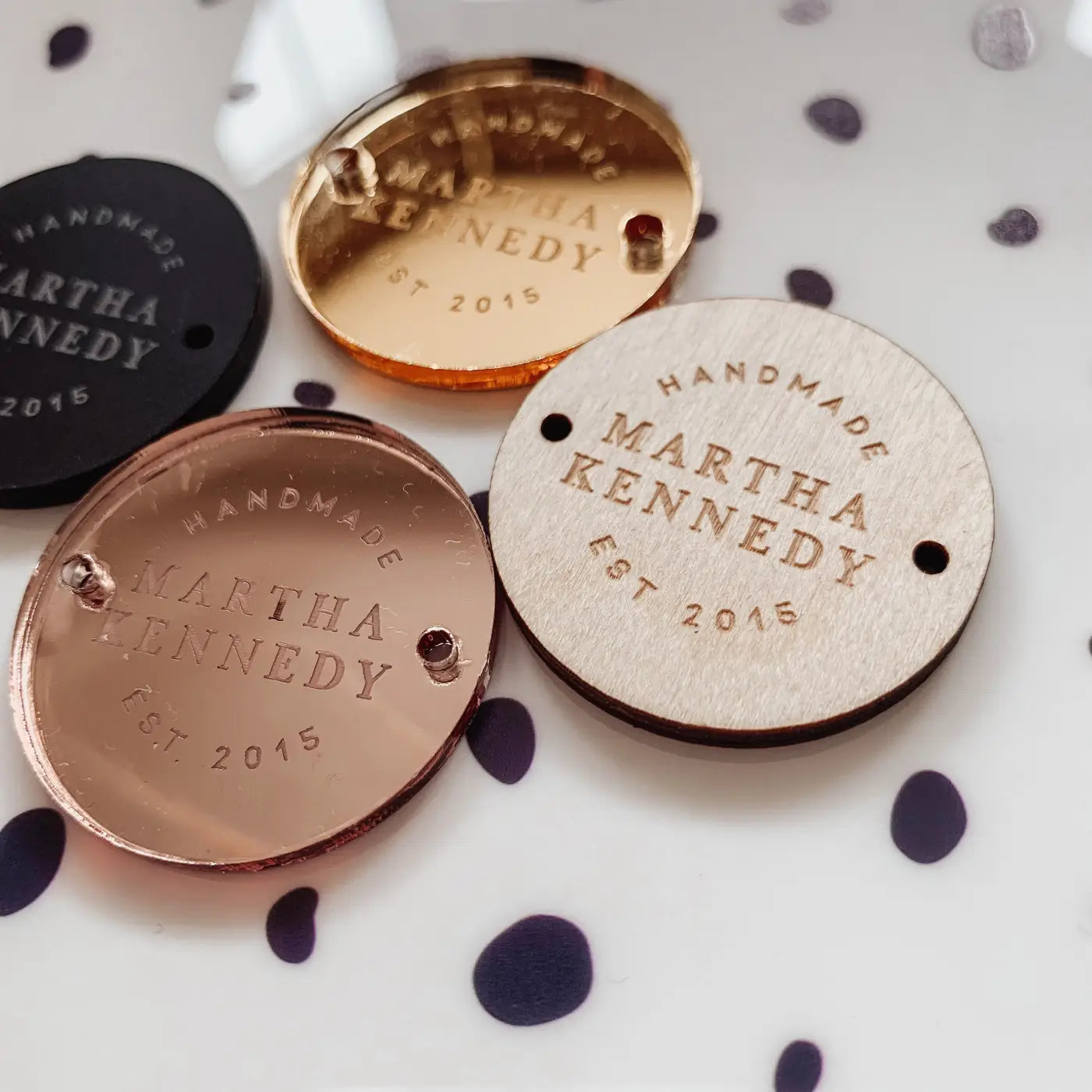 Personalised button tag – engraved wood buttons & acrylic gift tags for branding