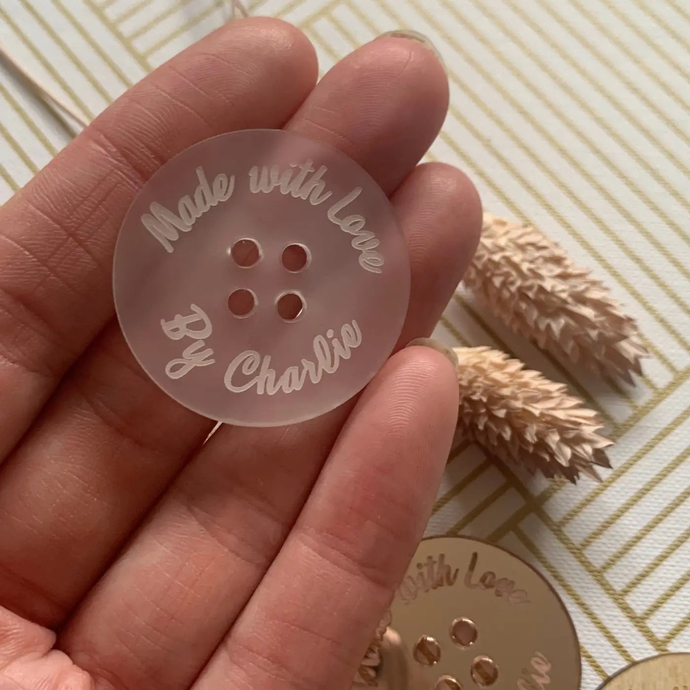 Personalised button tag – engraved wood buttons & acrylic gift tags for craft labels