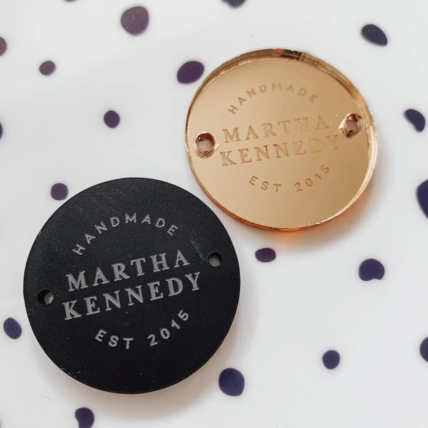 Personalised button tag – engraved wood buttons & acrylic gift tags for branding