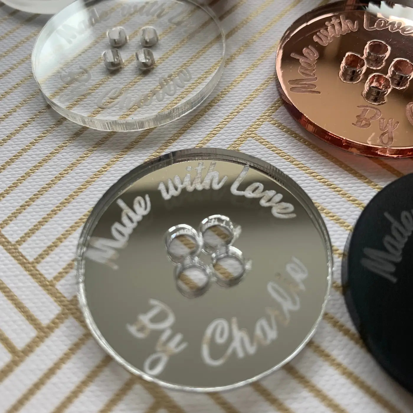 Personalised button tag – engraved wood buttons & acrylic gift tags for craft labels