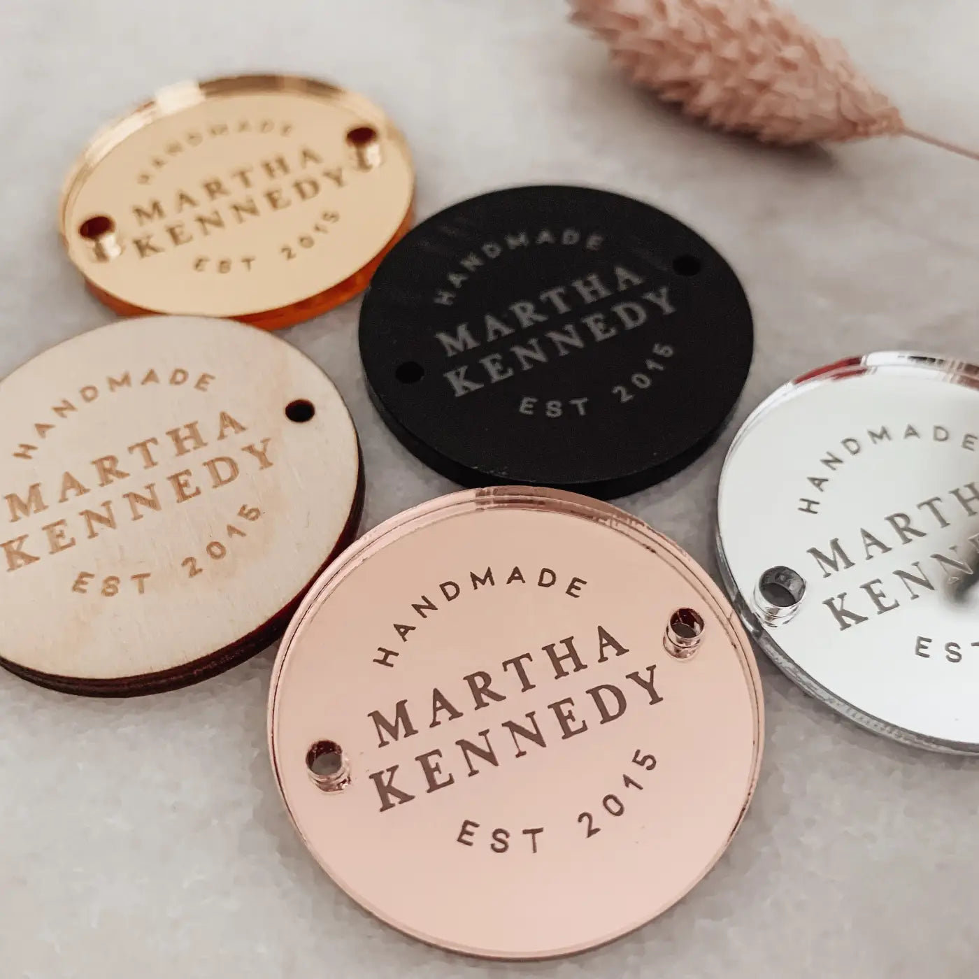 Personalised button tag – engraved wood buttons & acrylic gift tags for branding
