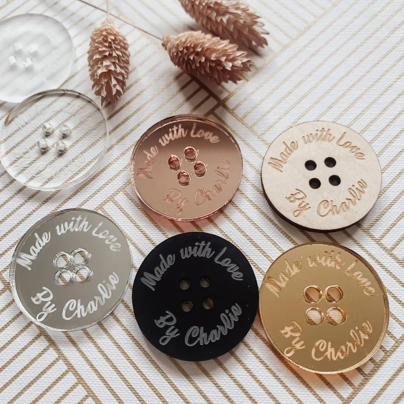 Personalised button tag – engraved wood buttons & acrylic gift tags for craft labels