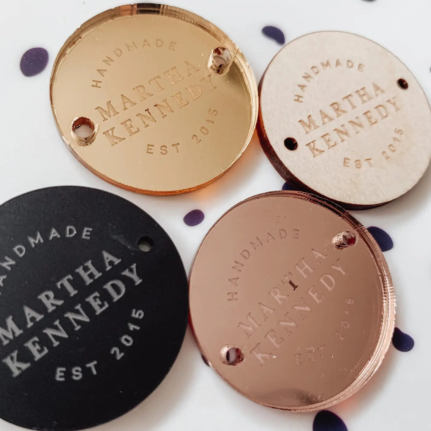 Personalised button tag – engraved wood buttons & acrylic gift tags for branding