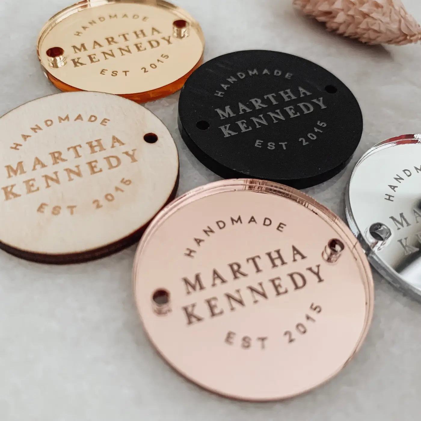 Personalised button tag – engraved wood buttons & acrylic gift tags for branding