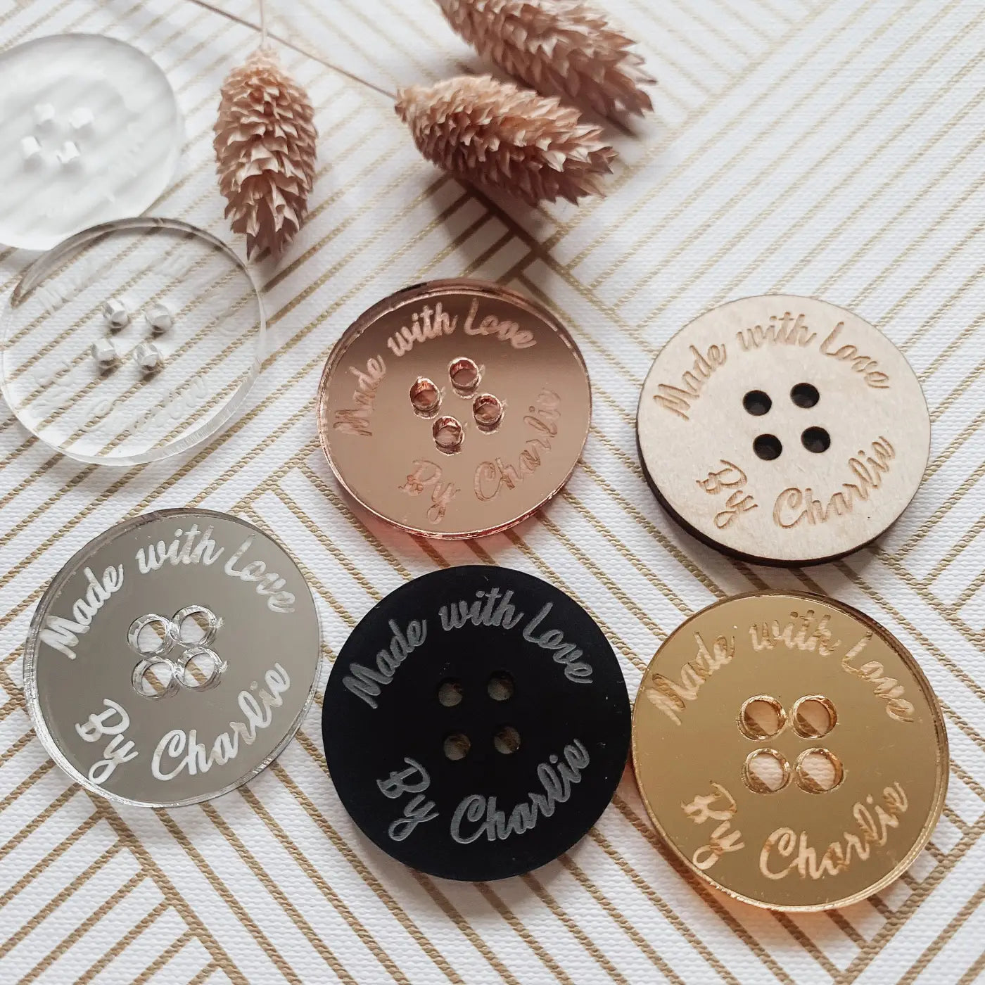Personalised button tag - engraved wood buttons & acrylic tags for gifting