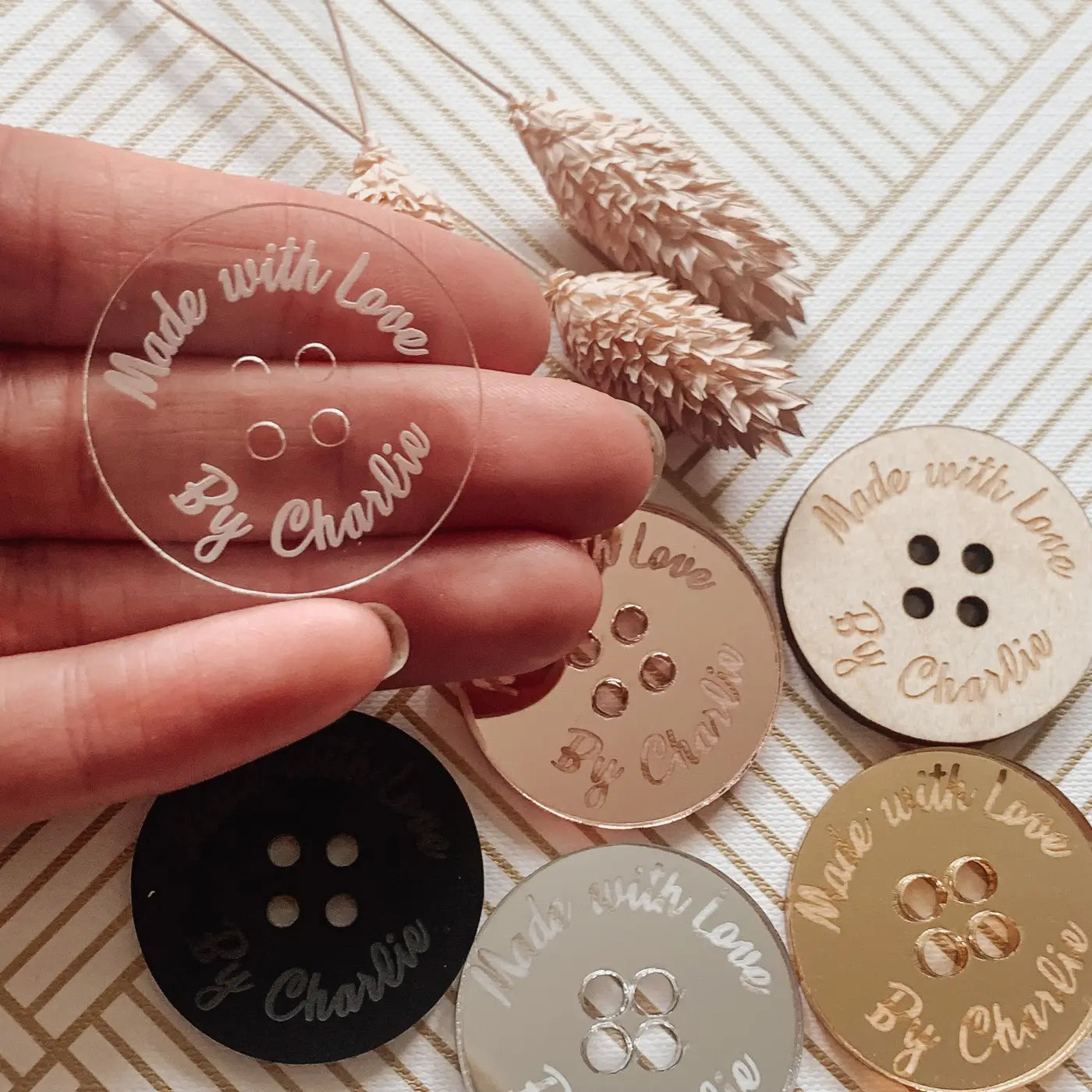 Personalised button tag - engraved wood buttons & acrylic tags for gifting