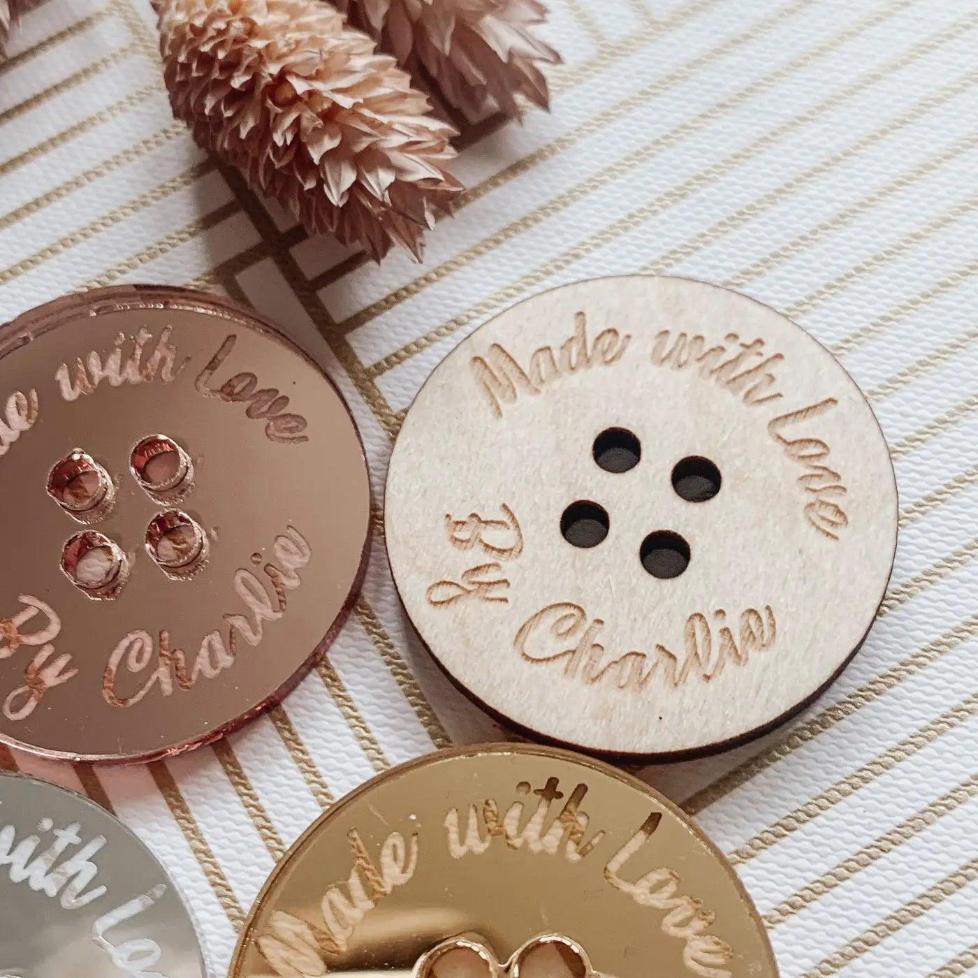 Personalised button tag - engraved wood buttons & acrylic tags for gifting