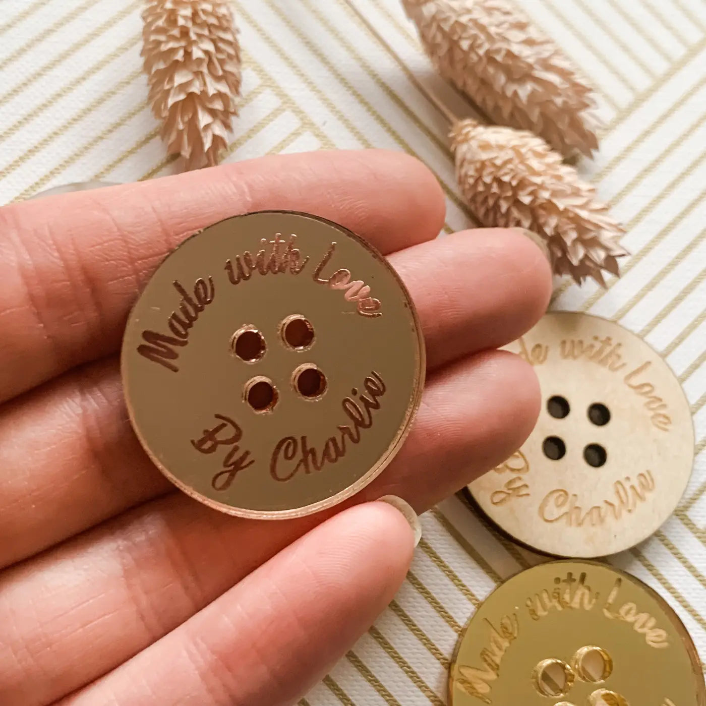 Personalised button tag - engraved wood buttons & acrylic tags for gifting