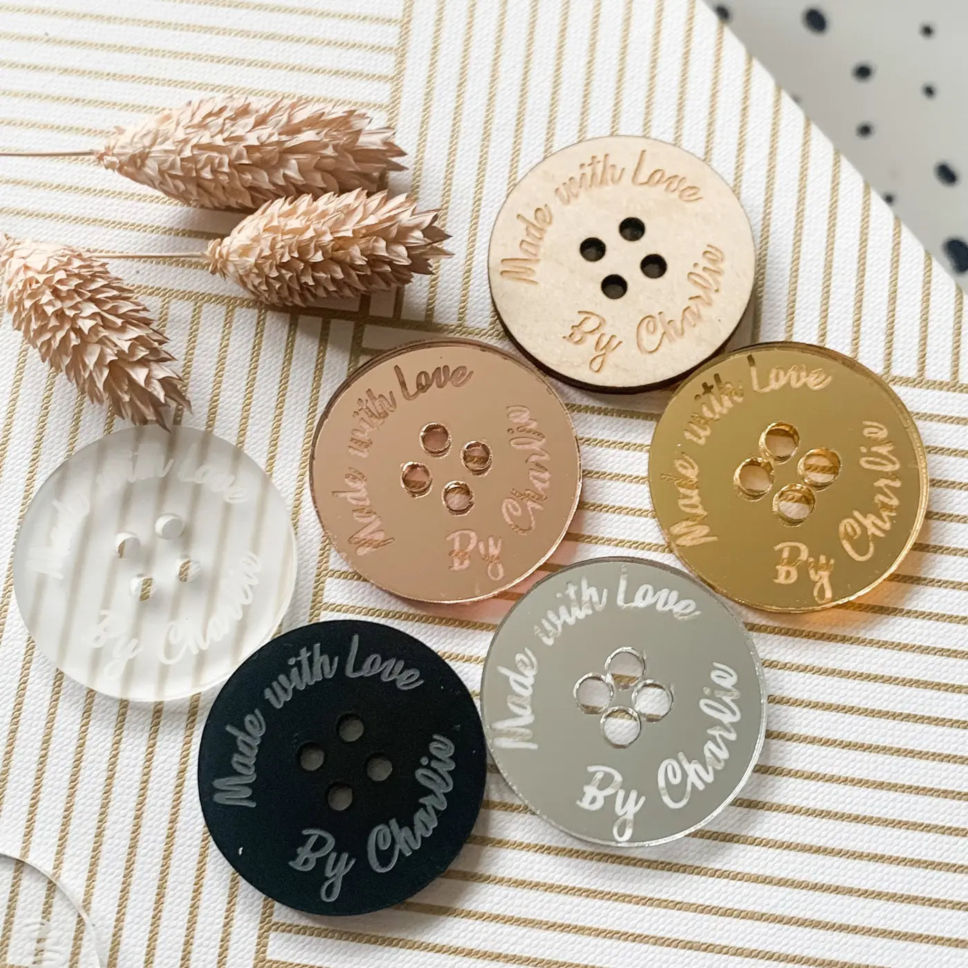 Personalised button tag - engraved wood buttons & acrylic tags for gifting