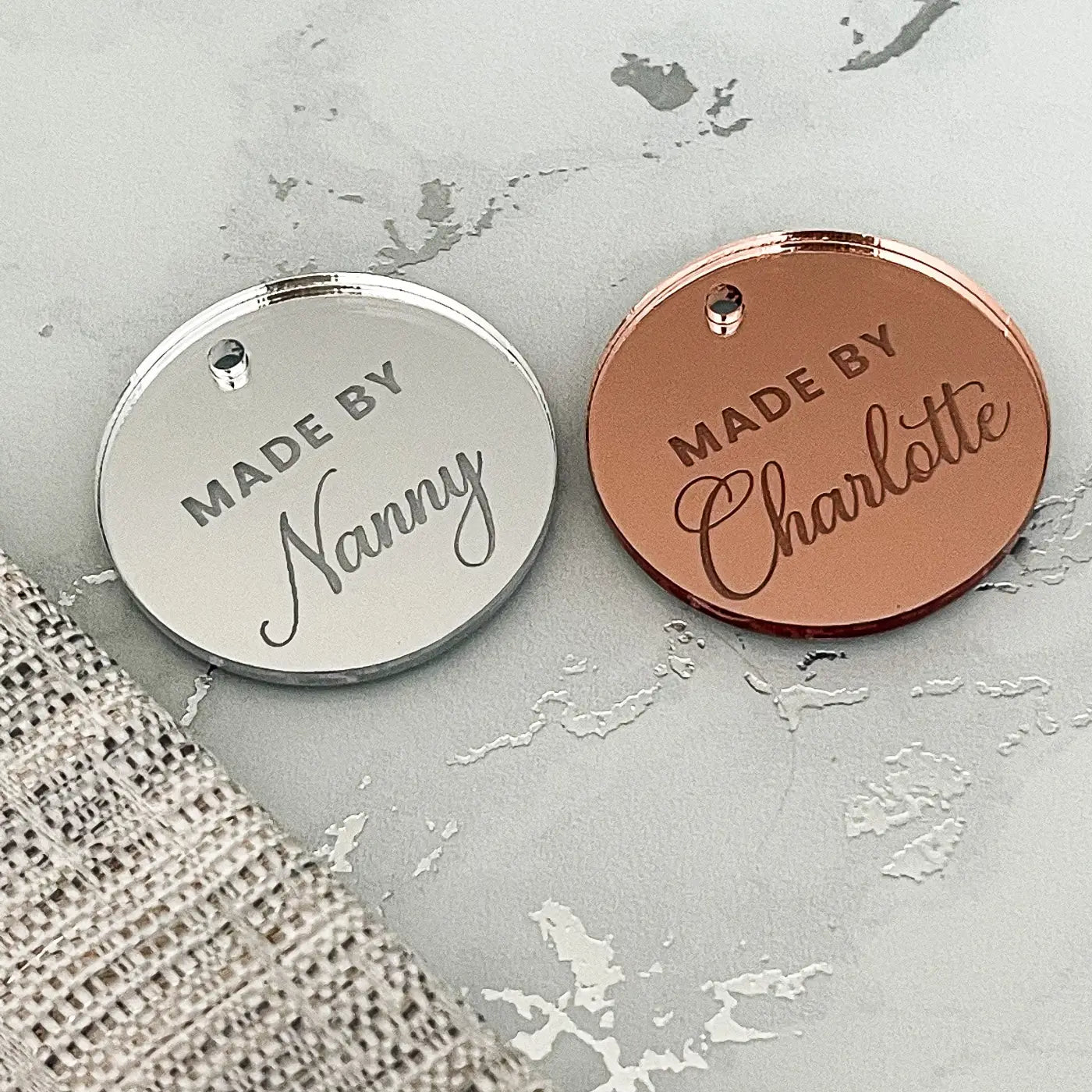 Personalised button tag – luxury craft tags | acrylic & wooden custom labels