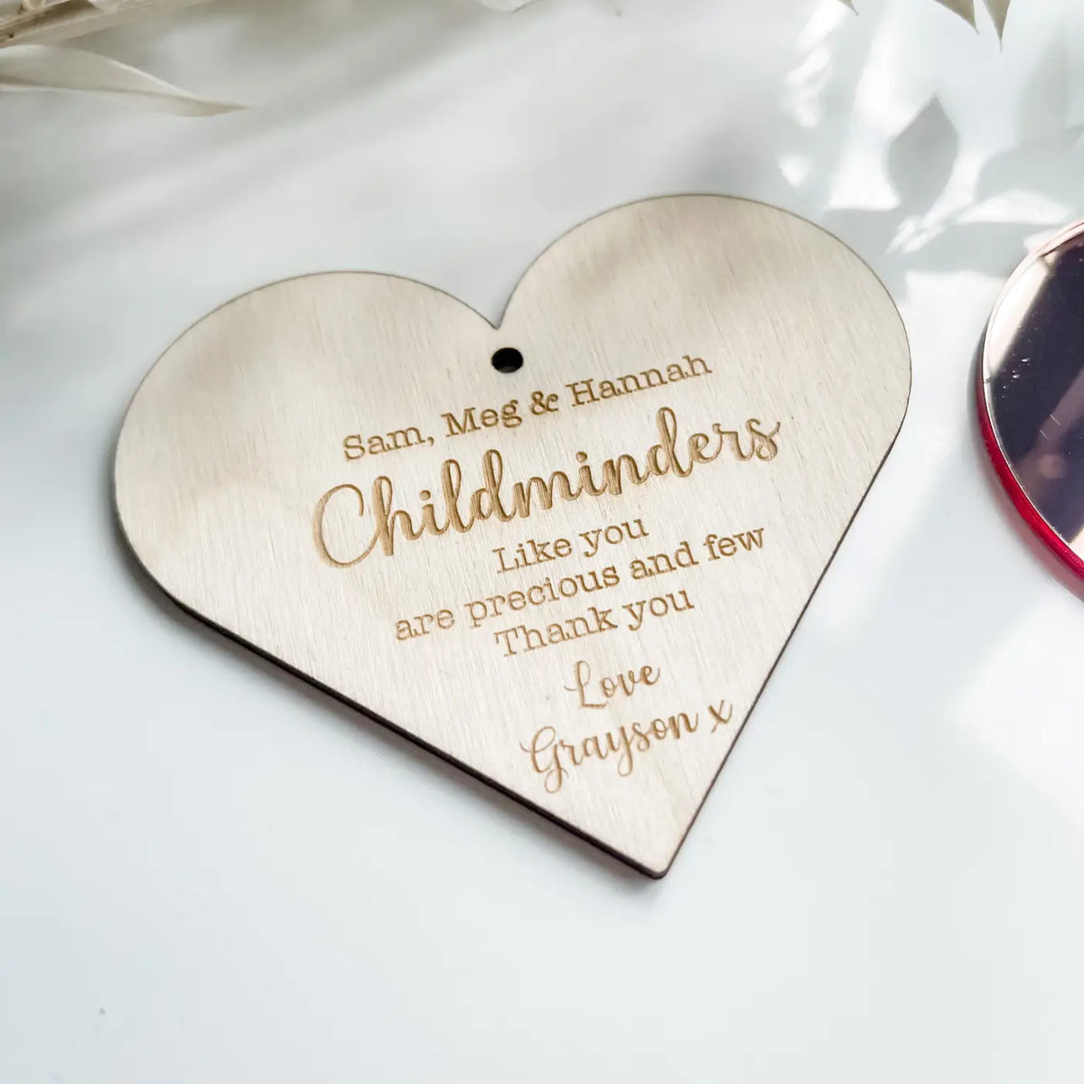 Personalised childminder gift – heart hanging tag | custom thank you keepsake