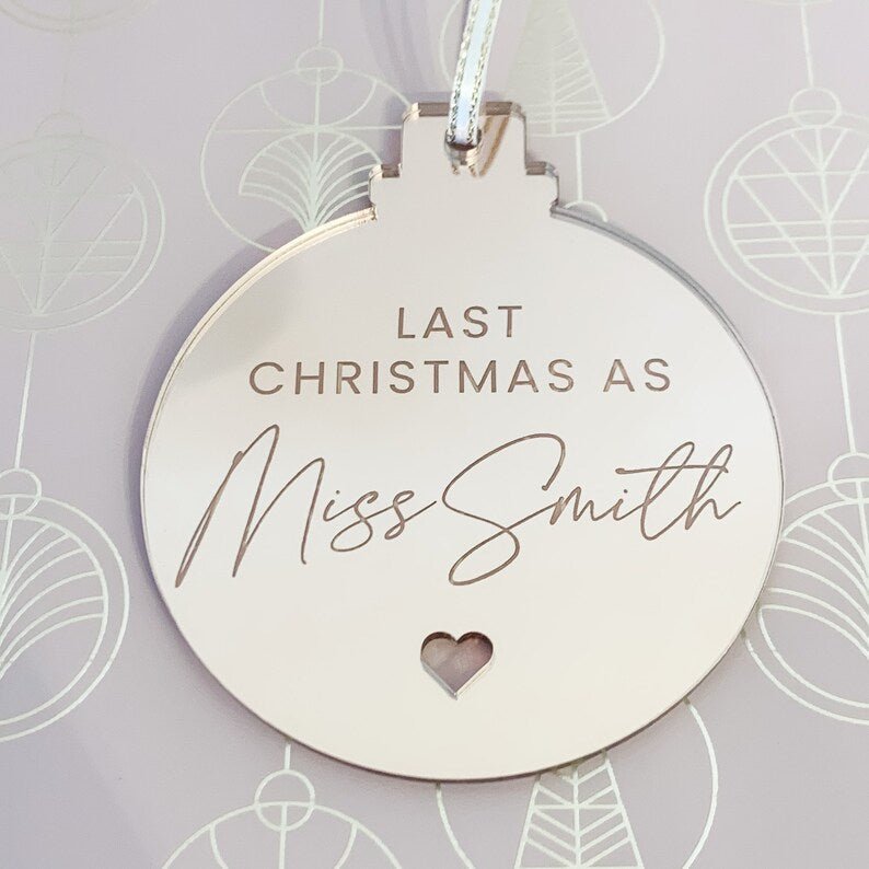 Personalised bride-to-be Christmas bauble featuring a custom name design