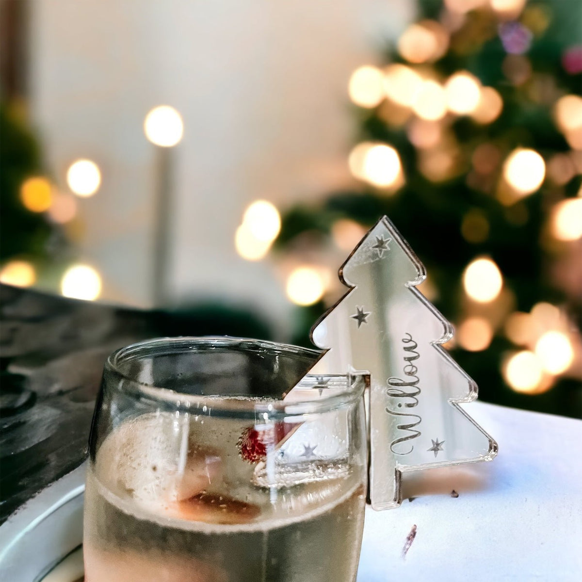 Personalised Christmas tree drinks charms for party cocktail styling