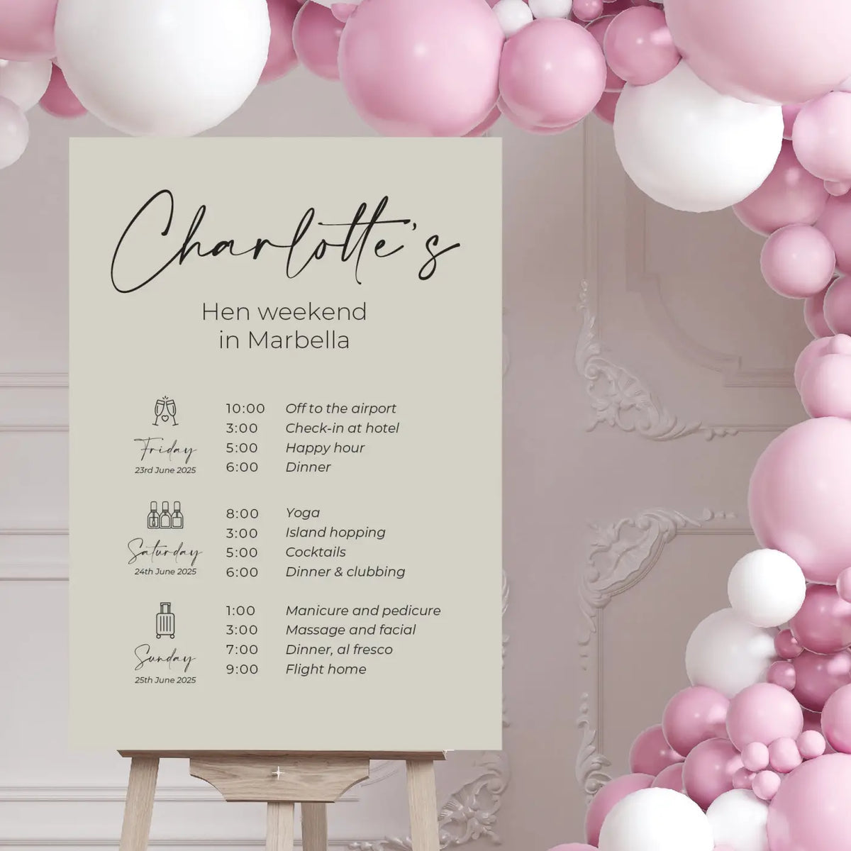 Personalised event sign – luxury hen weekend welcome party foamboard decor