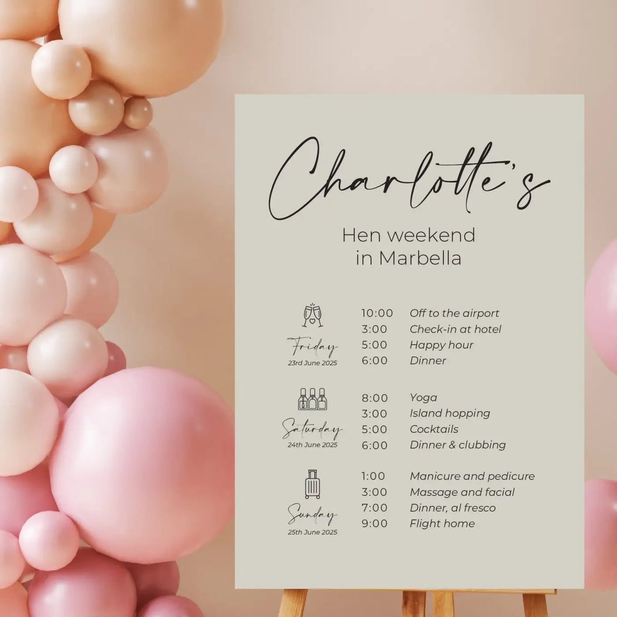 Personalised event sign – luxury hen weekend welcome party foamboard decor