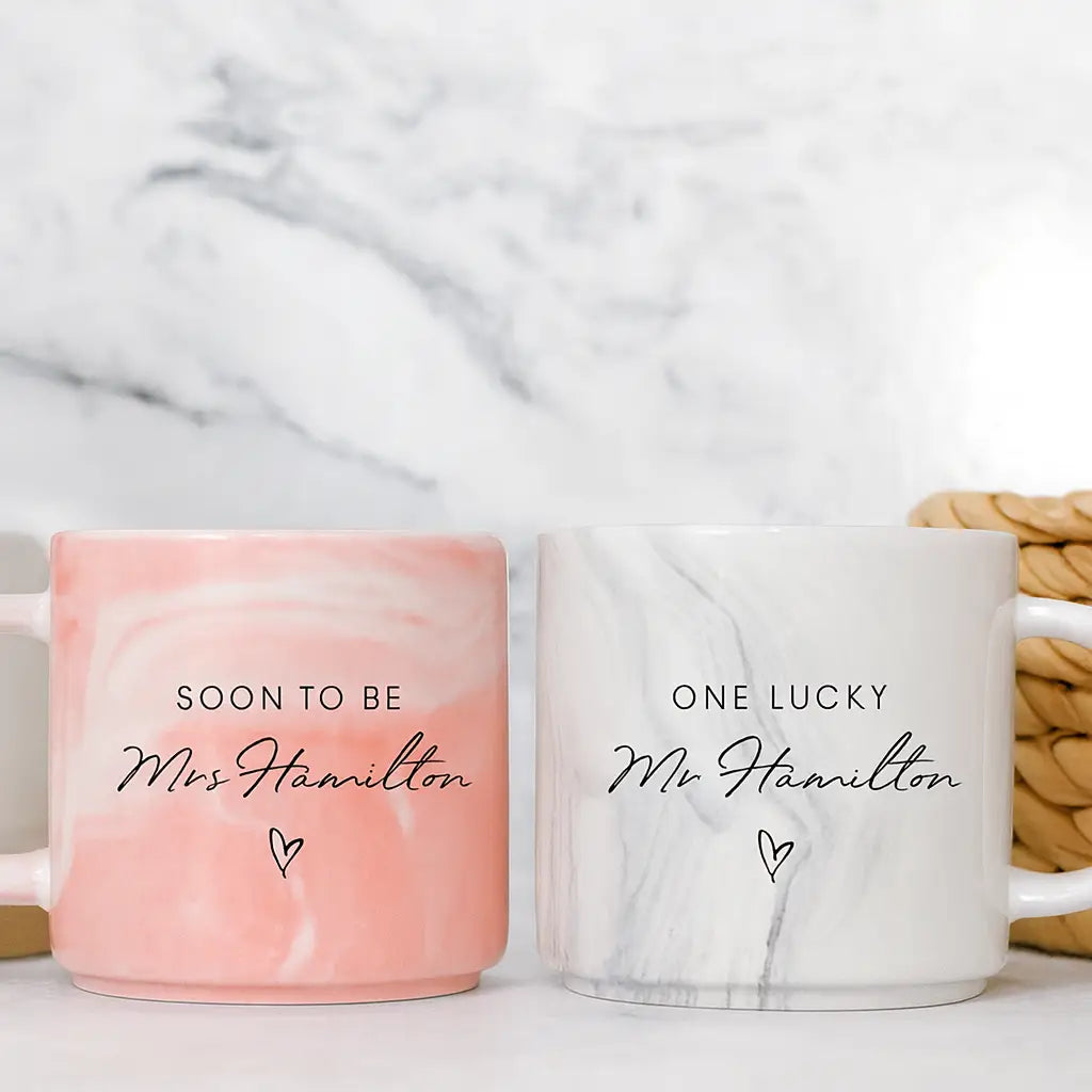 Personalised his & hers engagement mugs - marble ceramic set 14oz dishwasher safe