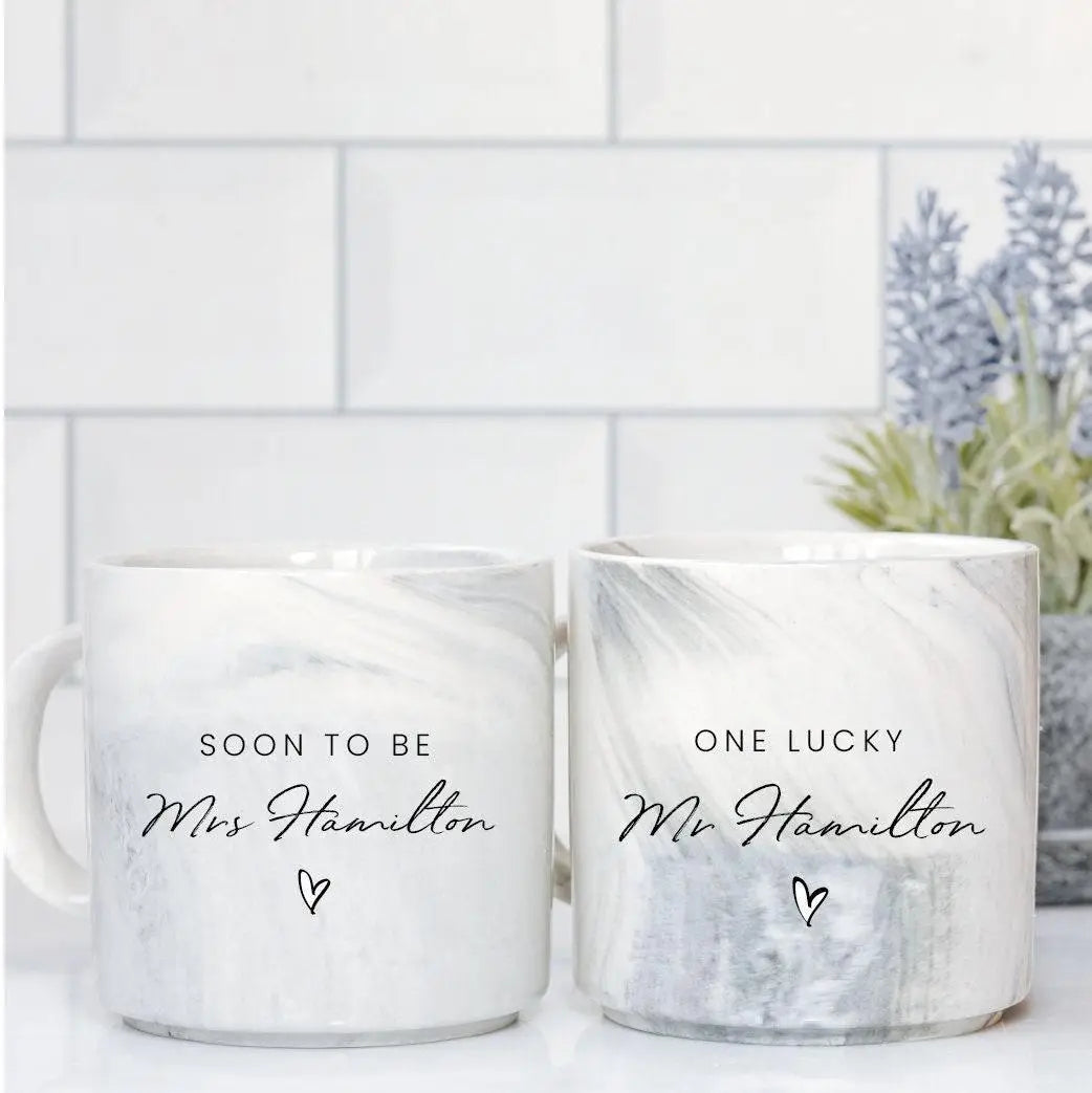 Personalised his & hers engagement mugs - marble ceramic set 14oz dishwasher safe