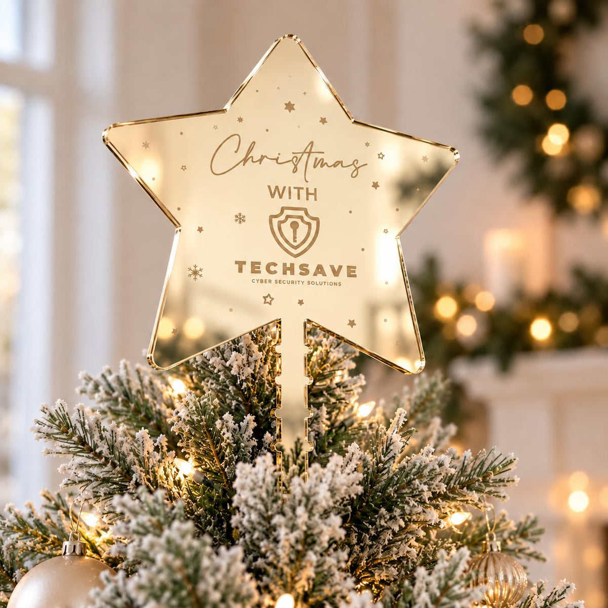Personalised Logo Christmas Tree Topper in mirror acrylic for branded Christmas trees