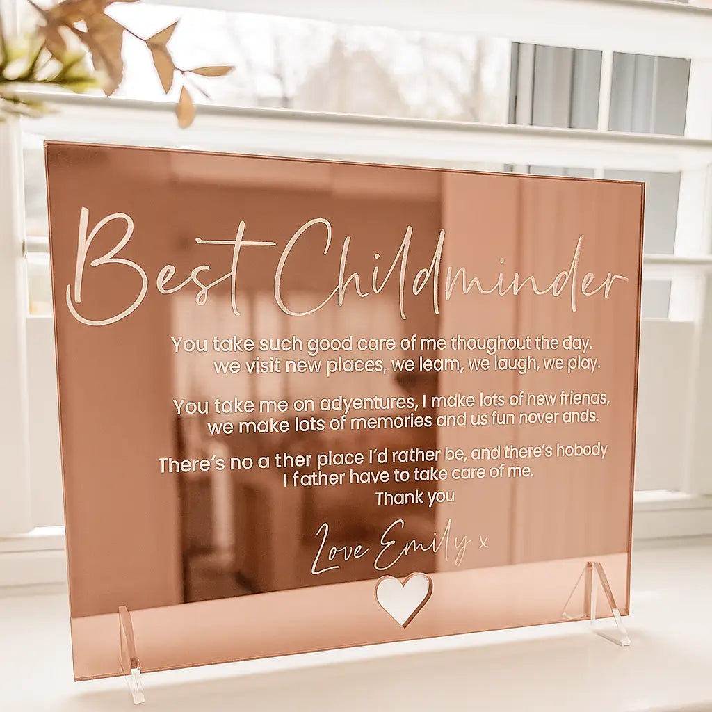 Personalised mirror card – luxury childminder gift | custom acrylic & wood options