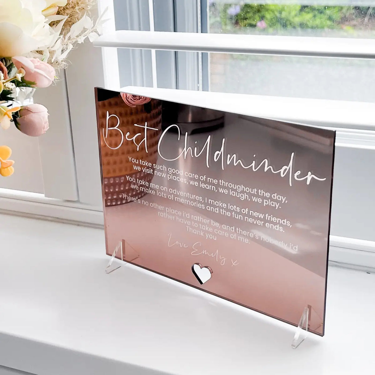 Personalised mirror card – luxury childminder gift | custom acrylic & wood options
