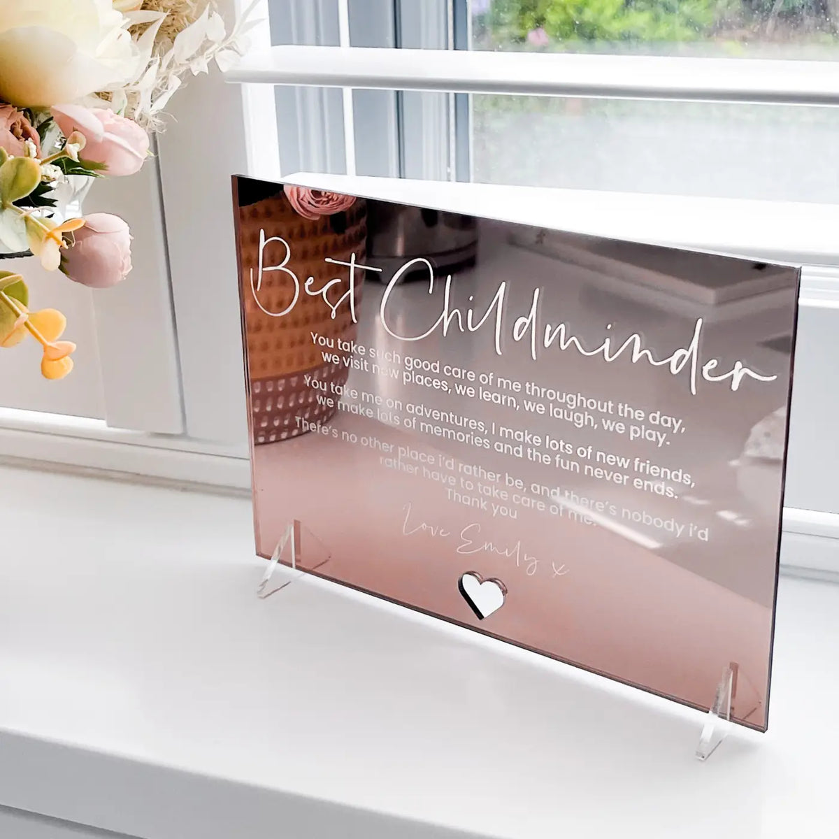 Personalised mirror card – luxury childminder gift | custom acrylic & wood options
