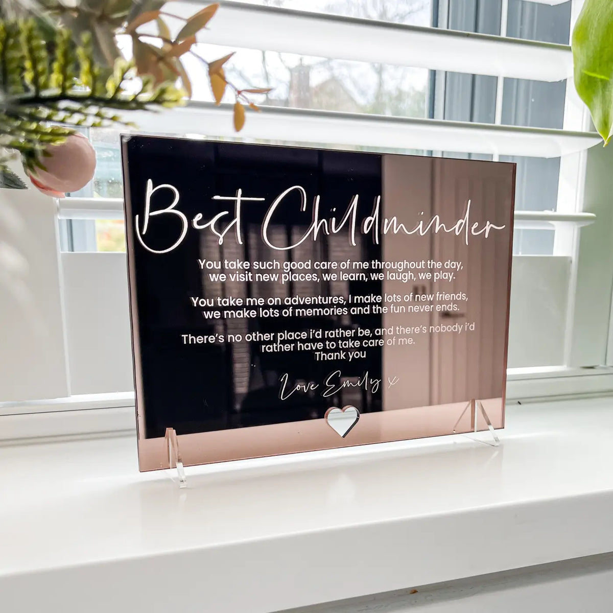 Personalised mirror card – luxury childminder gift | custom acrylic & wood options