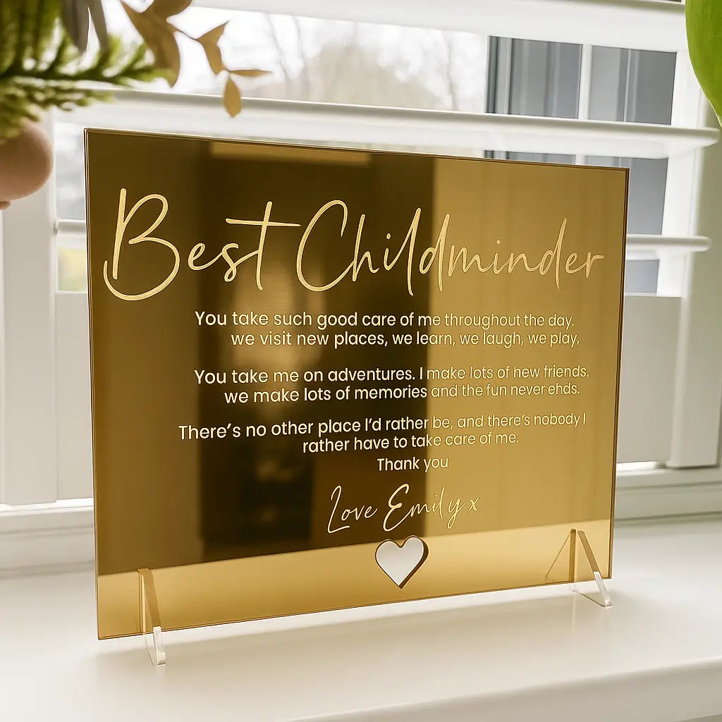 Personalised mirror card – luxury childminder gift | custom acrylic & wood options