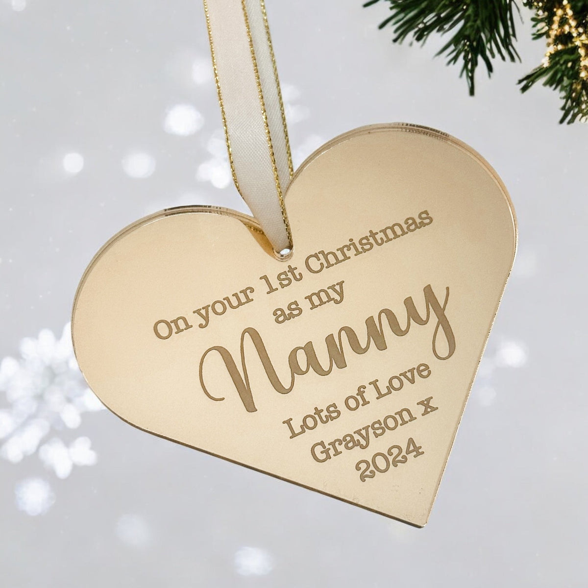 Personalised Nanny Bauble with engraving featuring a custom name design for Christmas keepsake gifts