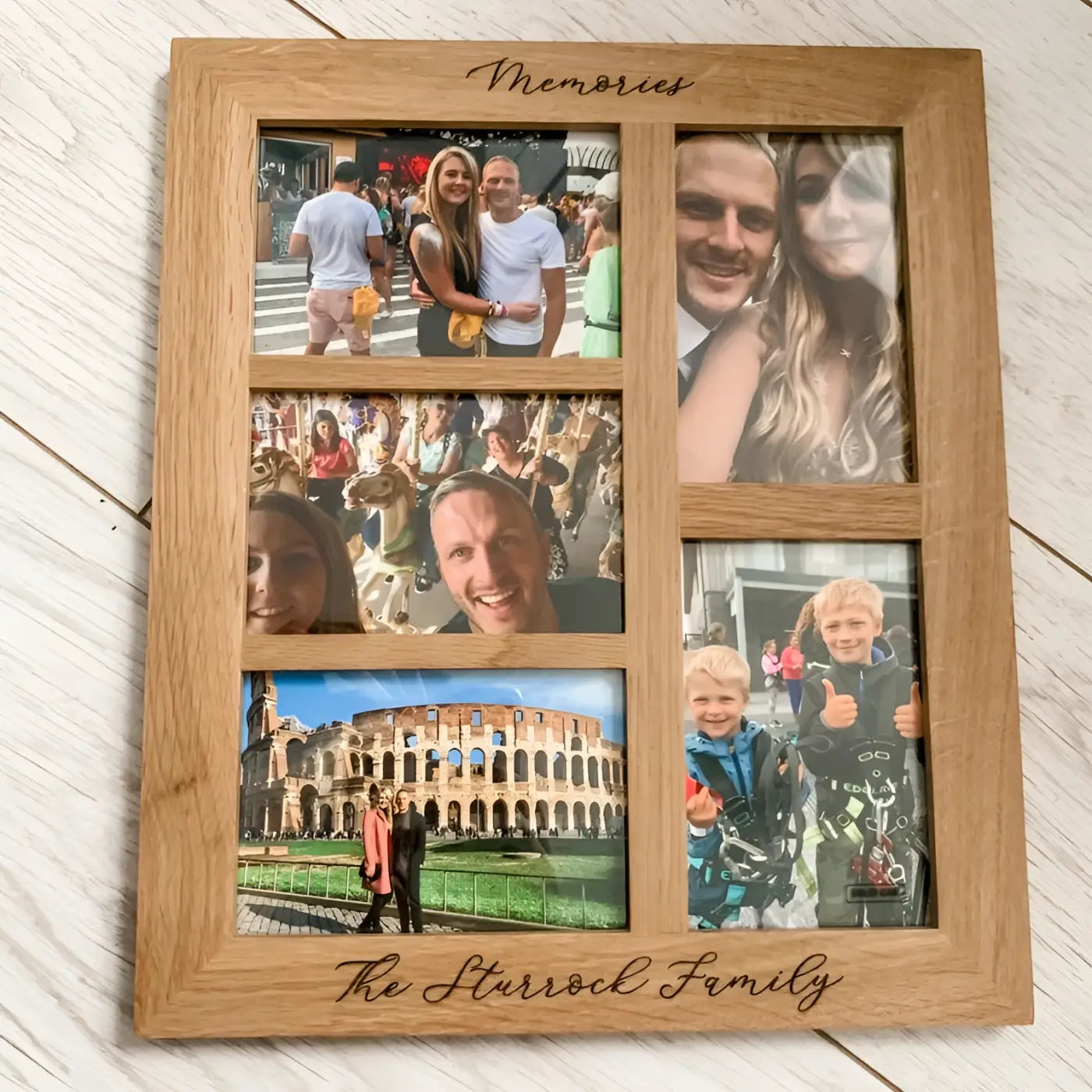 Personalised oak photo frame - luxury 5 aperture family display | engraved wooden