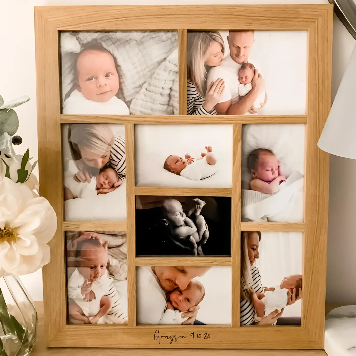 Personalised oak photo frame - luxury 9 aperture custom wooden uk