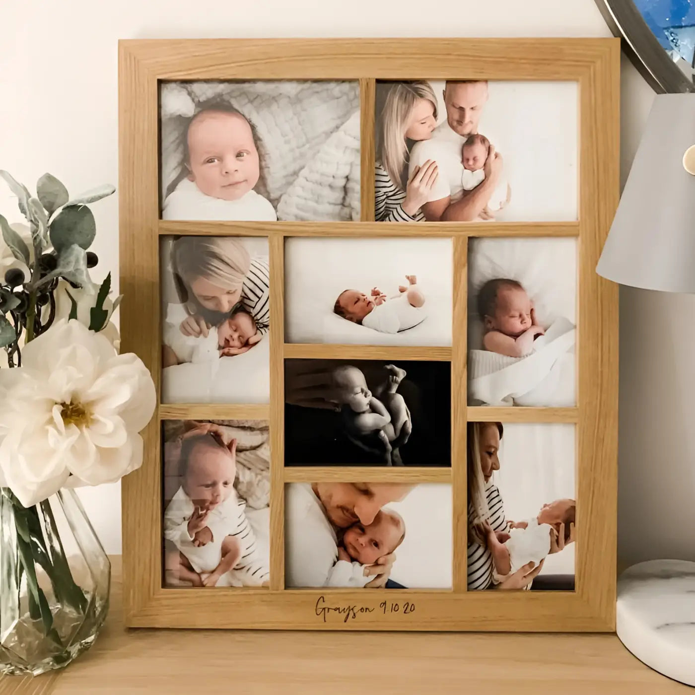 Personalised oak photo frame - luxury 9 aperture custom wooden uk