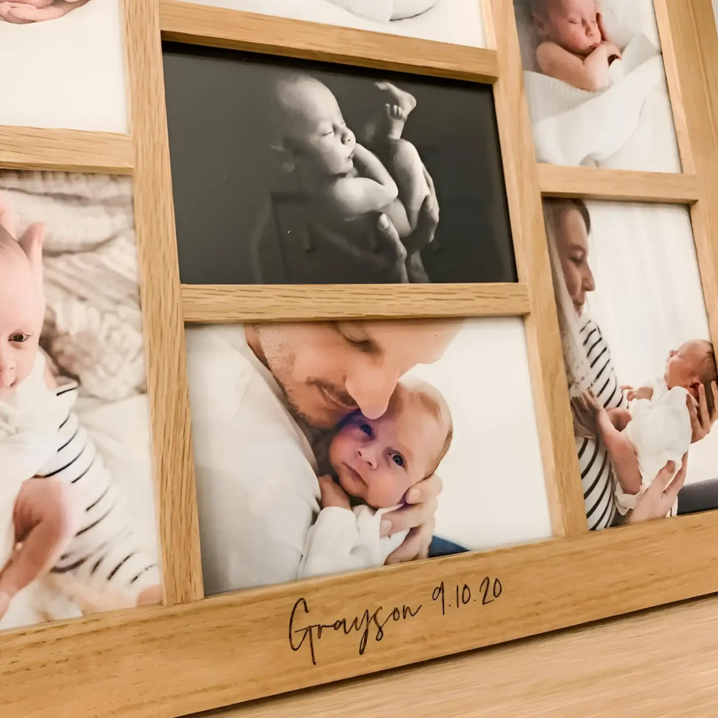 Personalised oak photo frame - luxury 9 aperture custom wooden uk