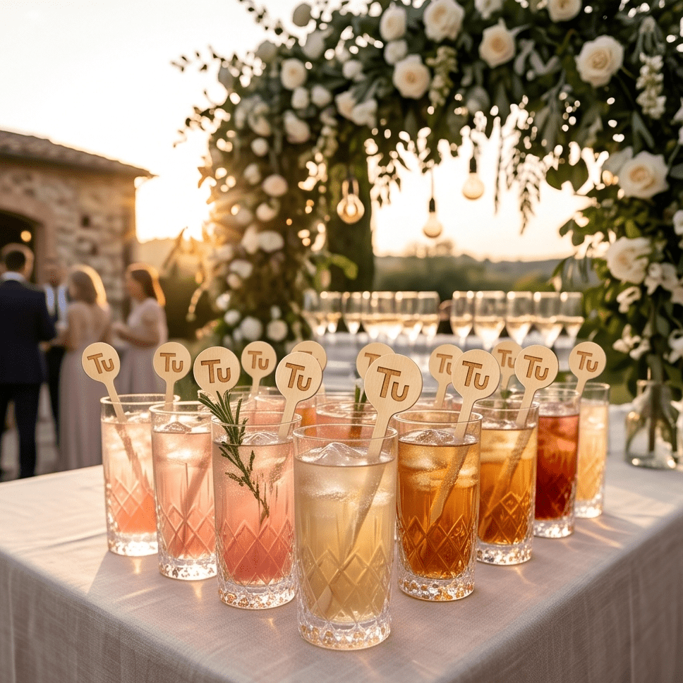 Personalised Wooden Drink Stirrers for party cocktail styling