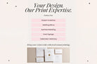 The image is a promotional graphic for a company that specializes in professional printing services. It features a list of services offered, including modern invitations, wedding menus, business marketing, event signage, and celebration stationery. The company's logo and a photograph of printed materials are also present.