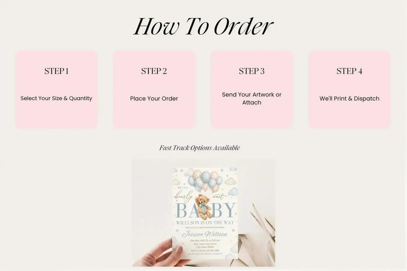 The image is a step-by-step guide on how to order a product, specifically a baby shower invitation, with four steps and a hand holding the invitation.