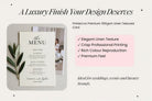 The image is a promotional graphic for a luxury finish to a design, featuring a menu card and a photograph of a person.