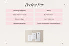 The image is a list of items, including wedding invitations, menus, order of service cards, welcome signs, event stationery, marketing materials, luxury occasions & corporate events, and a small image of a wedding invitation.