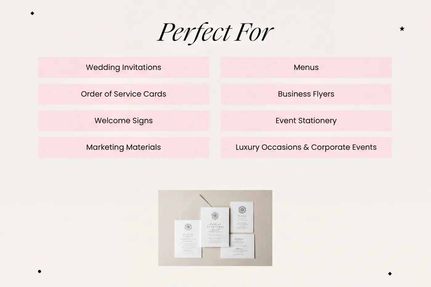 The image is a list of items, including wedding invitations, menus, order of service cards, welcome signs, event stationery, marketing materials, luxury occasions & corporate events, and a small image of a wedding invitation.