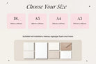 a selection of paper sizes, including DL, A5, A4, and A3, along with their corresponding dimensions. The paper sizes are suitable for various purposes such as invitations, menus, signage, flyers, and more.